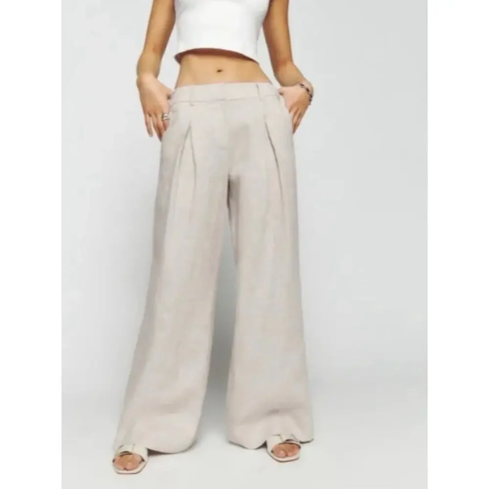 Reformation Neutral Asher Trousers Linen Wide Leg Relaxed Fit Beige Size 2